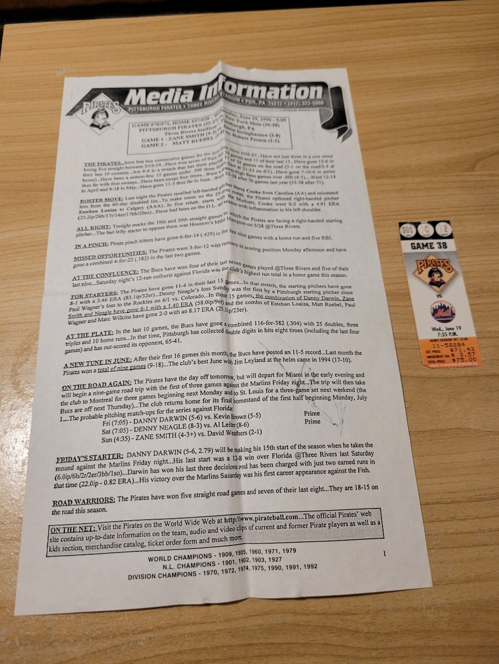 Vtg Pittsburgh Pirates MLB Ticket Stub and Autographed Media Information Sheet